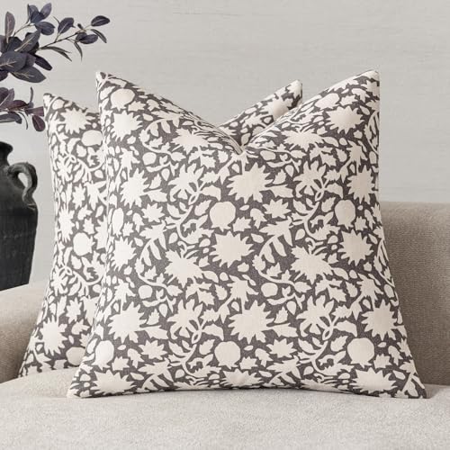 Set of 2 Decorative Neutral Floral Throw Pillow Covers Accent Farmhouse Cushion Covers Boho Vintage Pillowcase for Couch Sofa Bedroom Living Room Home Decor (2 Count)