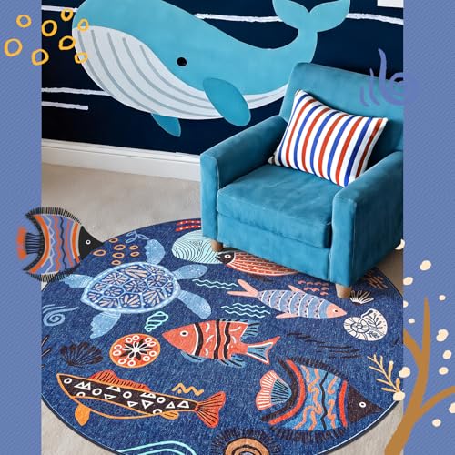 4ft Coastal Round Rug Kids Washable Fun Rug Colorful Ocean Fish Small Mat Non Slip 4' Round Soft Circle Mat Lightweight Cozy Carpet for Bedroom Nursery Playroom Dorm Daycare Bathroom Blue