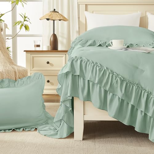 Sage Ruffle Full Size Comforter Set