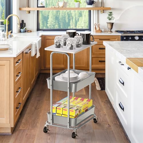 2 Tier Rolling Utility Cart Wood Top
