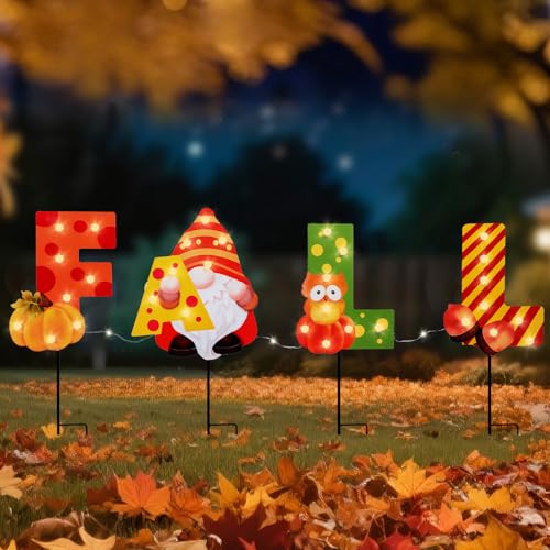 Fall Yard Stakes with LED Light Gnome Sign (4 Count)