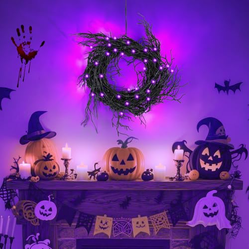 9 Ft 66 LED Willow Vine Twig Decor Black Halloween Garland with Purple Lights