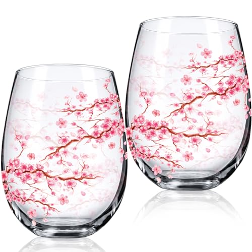 2 Pack 17oz Cherry Blossom Stemless Wine Glasses Floral Drinking Glasses Cherry Blossom Tumbler Cups for Wedding Birthday Gift Parties Supplies (2 Count)