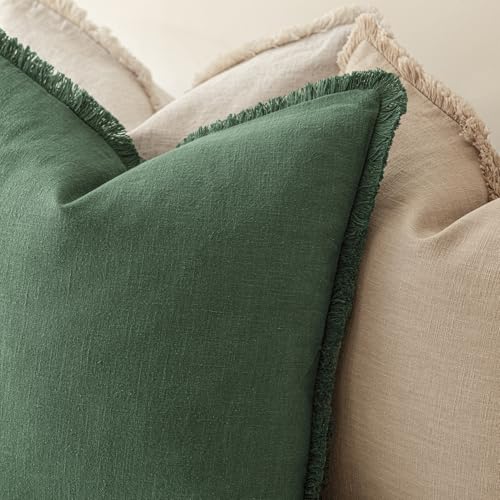 Decorative Linen Fringe Throw Pillow Covers 24×24 Pine Green (2 Count)