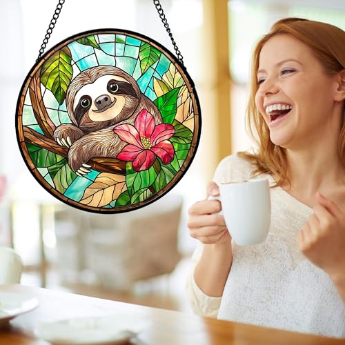 Stained Glass Window Hanging Sloth Flower Suncatcher Gifts for Women 15"