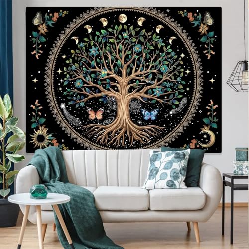 Tree of Life Tapastry Sun and Moon Tapastry Flower Boho Tree Mandala Wall Hanging for Bedroom and Living Room Decor Green Tree 44×60 Inches