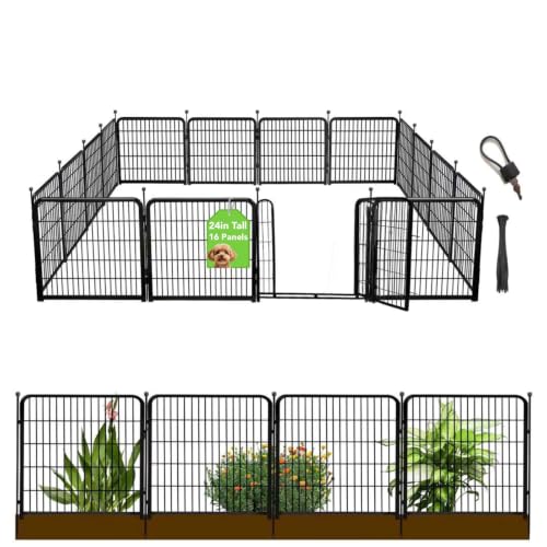24 in(H) Decorative Garden Fence with Gate,16 Panels Total 31.4 Ft(L) Heavy Duty Iron Animal Barrier Fence for Yard,Suitable for Indoor Pet Or Outdoor Dog Fencing, Garden Border Fence (64 Sq Ft)