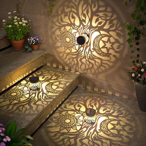 4 Pack Large Solar Fence Lights Metal Solar Powered Outdoor Wall Deck Step Lights Tree Theme Waterproof Fence Light for Garden Post Patio Backyard Yard Decor (4 Count)