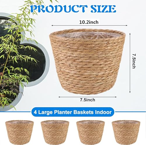 4 Pcs Large Premium Seagrass Planter Basket with Plastic Lining Natural Stylish Planter Baskets Indoor Outdoor Plants Woven Wicker Baskets for Plants Flower Pots Cover and Room Decor (4 Count)
