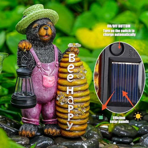 Honey Bear Garden Statue with Lighted Beehive & Lantern