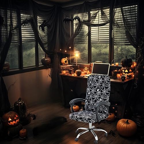 Halloween Office Chair Covers Gothic Spider Web Spooky Spider on Black Horror Theme Print Stretchable Slipcover for Modern Simplism Style High Back Boss Chair