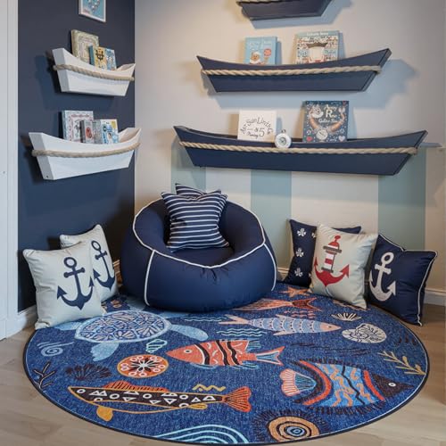 5ft Coastal Round Rug Washable Kids Rug Colorful Fish Mat Blue (19.63 Sq Ft)