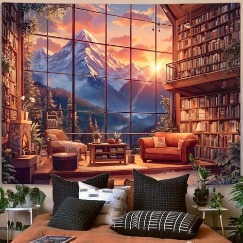 Forest Mountain Library Tapestry Fantasy Bookshelf Tapestries Wall Hanging Watercolor Nature Fairy Sunset Library Backdrop Extra Large Tapestry for Bedroom Dorm Room Classroom 90 x 68 inch