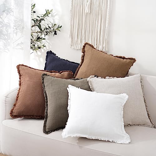 Decorative Linen Fringe Throw Pillow Covers 20×20 Khaki Brown (2 Count)