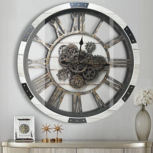 27" Large Real Moving Gears Wall Clock with Toughened Glass Cover Solid Wood Retro Metal Skeleton Oversized Vintage Steampunk Rustic Clock for Living Room Decor Home Farmhouse Kitchen
