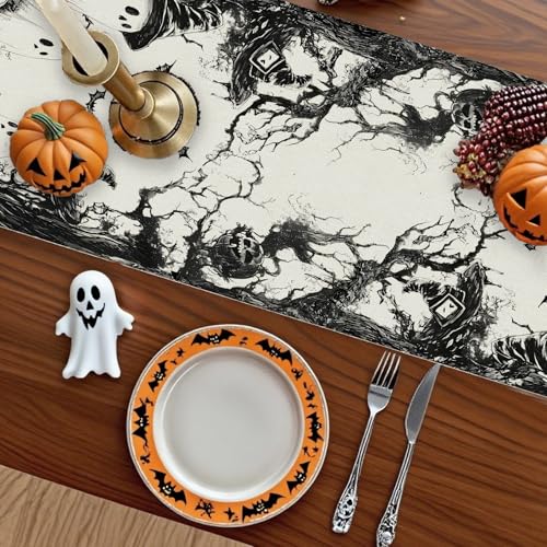 Halloween Table Runner Black Ghost Holiday Burlap Table Decoration Indoor Outdoor Home Decor Party Supply 13 x 48 Inch