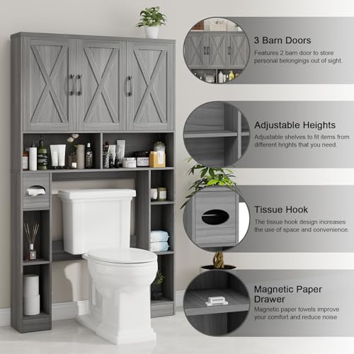 Over The Toilet Storage Cabinet with 3 Barn Doors.Wash Grey