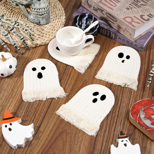 Halloween Ghost Cotton Coasters Cute White Ghost Shape Handmade Braided Drink Coasters with Tassel Absorbent Cup Mats for Trick or Treat Party Home Table Decor (4 Count)