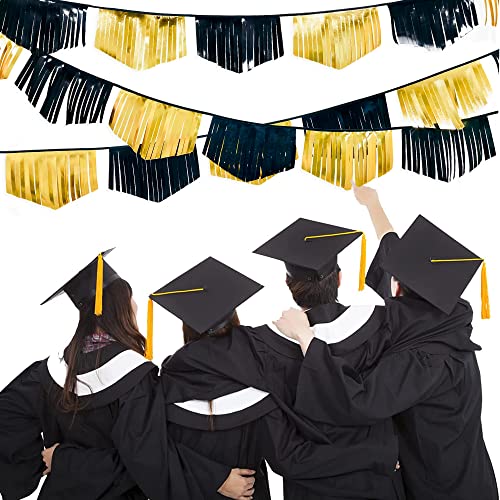 Black and Gold Tassel Banner Double Sided Metallic Fabric Pennant Bunting Flag Garland for Graduation Anniversary Bachelorette Birthday Engagement Wedding Bridal Shower Hen Party Decorations Supplies (18 Count)