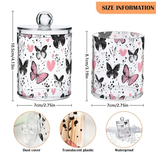 2 Pack Qtip Holder Organizer Dispenser Black Pink Butterflies Hearts Bathroom Storage Canister Cotton Ball Holder Container for Cotton Pads (2 Count)