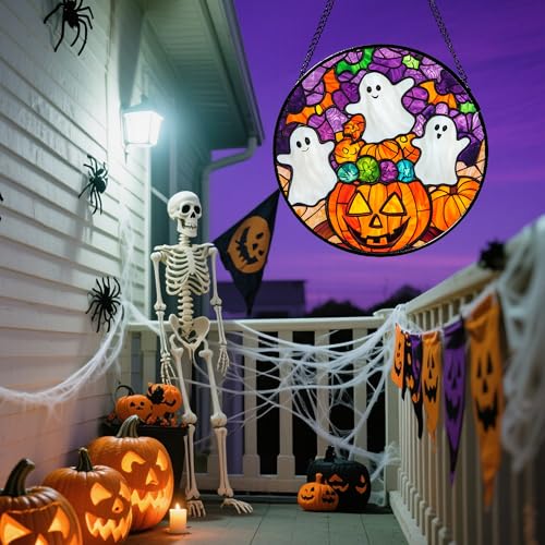 Stained Glass Window Hanging Halloween Horror Pumpkin White Ghost 15"