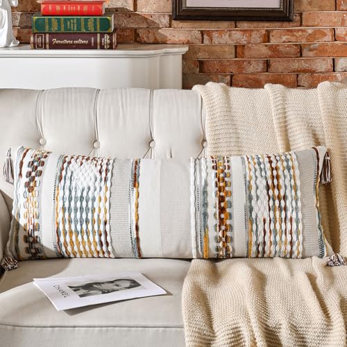 Chenille Striped Textured Boho Throw Pillow Covers Aesthetic with Tassels Woven Decorative Pillow Case for Couch Bed Sofa Bedroom Modern Funky 14 x 36