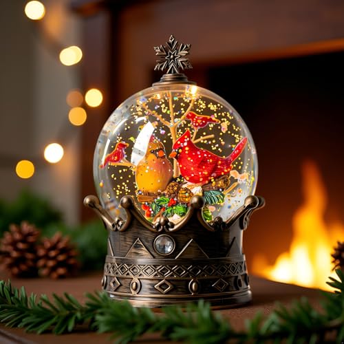 Christmas Snow Globe Lantern Water Glittering Cardinal Crown with Music