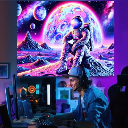 Blacklight Tapestry Astronaut Cosmic UV Backdrop 78 x 59 Inch
