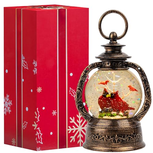 Christmas Snow Globe Lantern Water Glittering Cardinal with Music