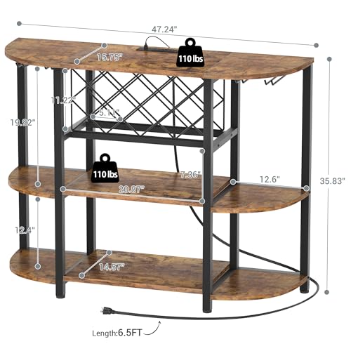 Tiger Grain 47" Curved Farmhouse Wine Bar Cabinet with RGB LED Lights & Power Outlets