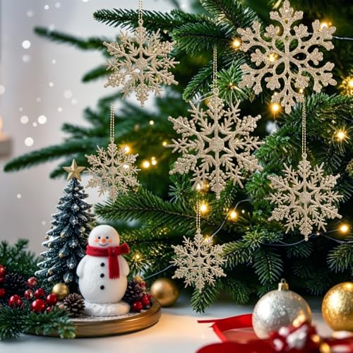 60pcs Christmas Champagne Gold Snowflake Ornaments Plastic Glitter Snow Flakes Ornaments for Winter Christmas Tree Decorations Size Varies Craft Snowflakes (60 Count)