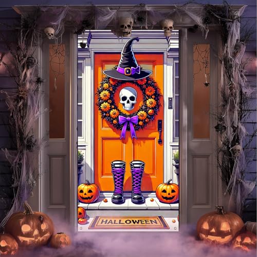 Halloween Door Cover Skull Witch Hat 35x71 Inch Polyester