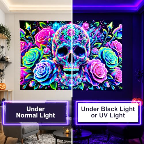 Blacklight Tapestry Floral Skull Room Decor 78 x 59 Inch