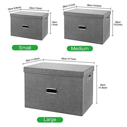 Large Linen Collapsible Storage Bins with Removable Lids and Handles