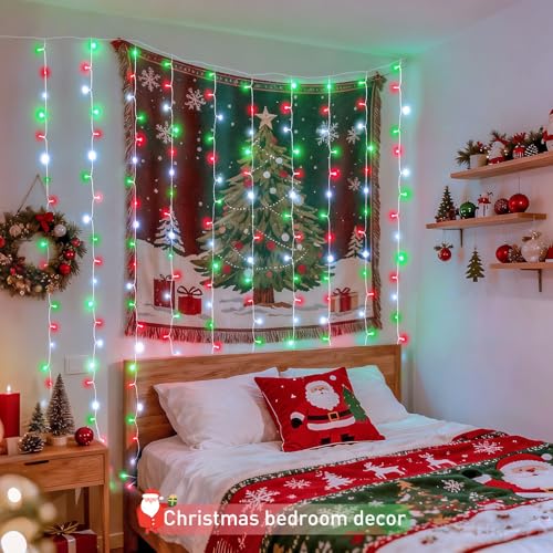 300LED Red White and Green Christmas Curtain Lights with Remote (9.8 Foot)