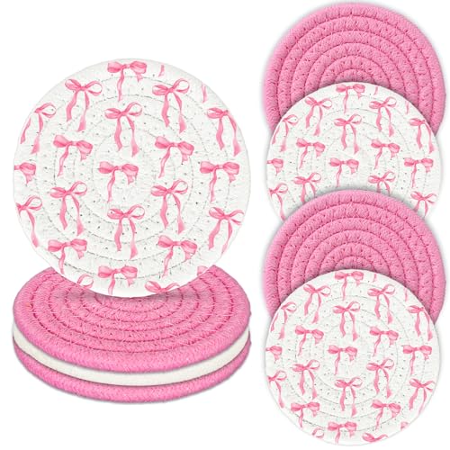 Pink Bow Coasters Handmade Braided Cotton Coasters Round Absorbent Bowknot Coquette Drink Mats for Mother's Day Valentine Birthday Wedding Baby Shower Party Home Office Table Decor (4 Count)