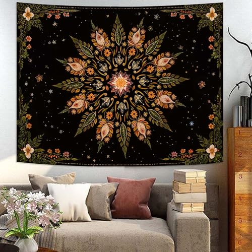 Boho Floral Mandala Tapestry for Bedroom Aesthetic Vintage Bohemian Flower Wall Tapestry Black Green Hippie Indian Small Tapestries Wall Hanging for Living Room Dorm Decor 48 x 36 Inch