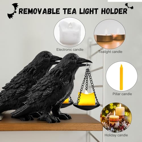 Gothic Crow Lamp with Tealight Candle Holder Resin Raven Decor Statue Gothic Home Decor for Bedroom Unique Goth Gifts Black 2PCS (2 Count)