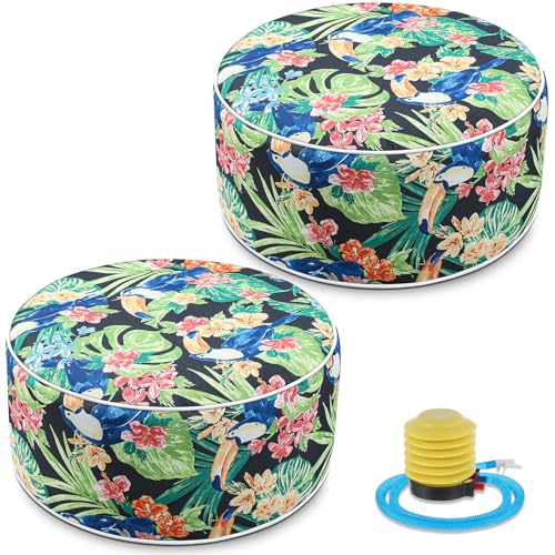 2 Pcs Inflatable Outdoor Ottoman Pouf Waterproof Round Footrest with Handle D21 x H9 Inch Indoor Outdoor Portable Footstool for Patio Garden Camping or Home Pool (2 Count)