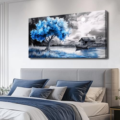 Large Wall Art For Living Room Wall Decor For Bedroom Black White Scenery And Blue Trees Wall Painting Modern Home Decoration Room Office Restaurant Canvas Art Prints Home Decor 20x40 In
