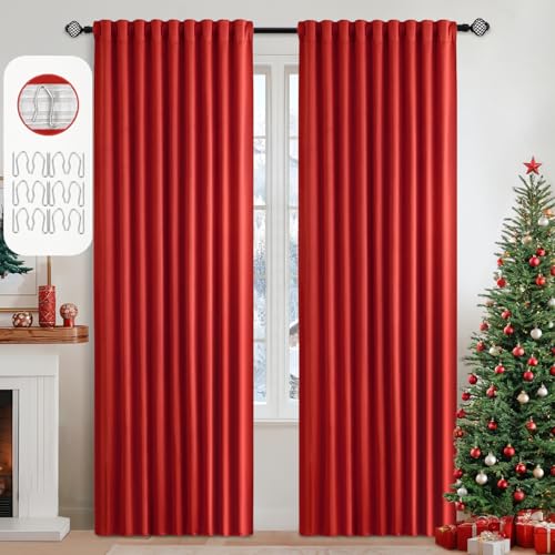 Christmas Red Back Tab Blackout Curtains 52x90 Inch Long 2 Panels (2 Count)