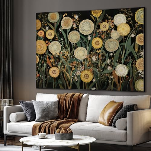 36"x46" Extra Large Framed Wall Art Whimsical Dandelion Field in Yellow and Green