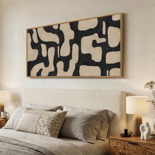 Large Framed Black and Beige Abstract Wall Art for Living Room