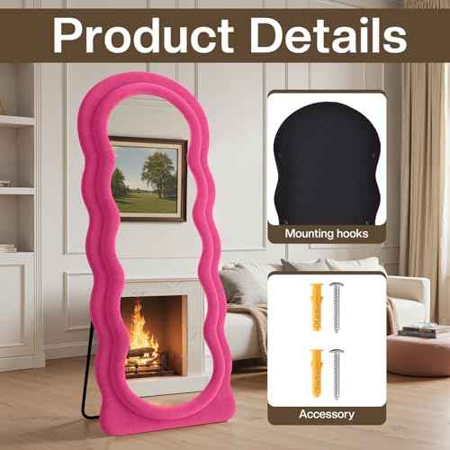 Full Length Mirror 71"x30" Irregular Wavy Full Body Wall Mounted Floor Mirror with Stand Hot Pink Flannel Frame Leaning Hanging Wall for Bedroom Entrance Hallway