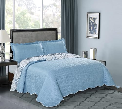 Blue Grey Stripes & Blocks Patchwork Quilt Set