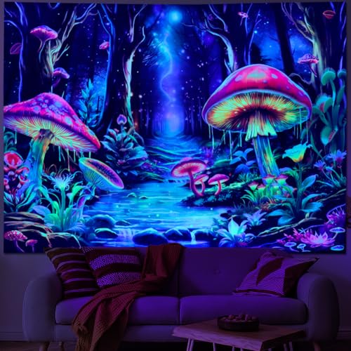Blacklight Mushroom Tapestry Fantasy Forest Tree Tapestries UV Reactive Floral Plant Tapestries Neon Glow in The Dark Tapestry Wall Hanging for Bedroom Aesthetic Decor