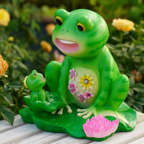 Upgraded Size Solar Garden Outdoor Statues Frog Mother and Little Frog with 6 LED Solar Figurine for Lawn