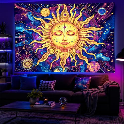 Blacklight Sun Tapestry 78 x 59 Inch Bohemian Dorm Decor