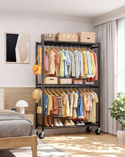 Clothes Rack Double Hanging Rod Clothing Rack with Wheels & Leveling Feet