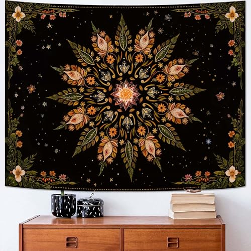 Boho Floral Mandala Tapestry for Bedroom Aesthetic Vintage Bohemian Flower Wall Tapestry Black Green Hippie Indian Tapestries Wall Hanging for Living Room Dorm Decor 60 x 44 Inch